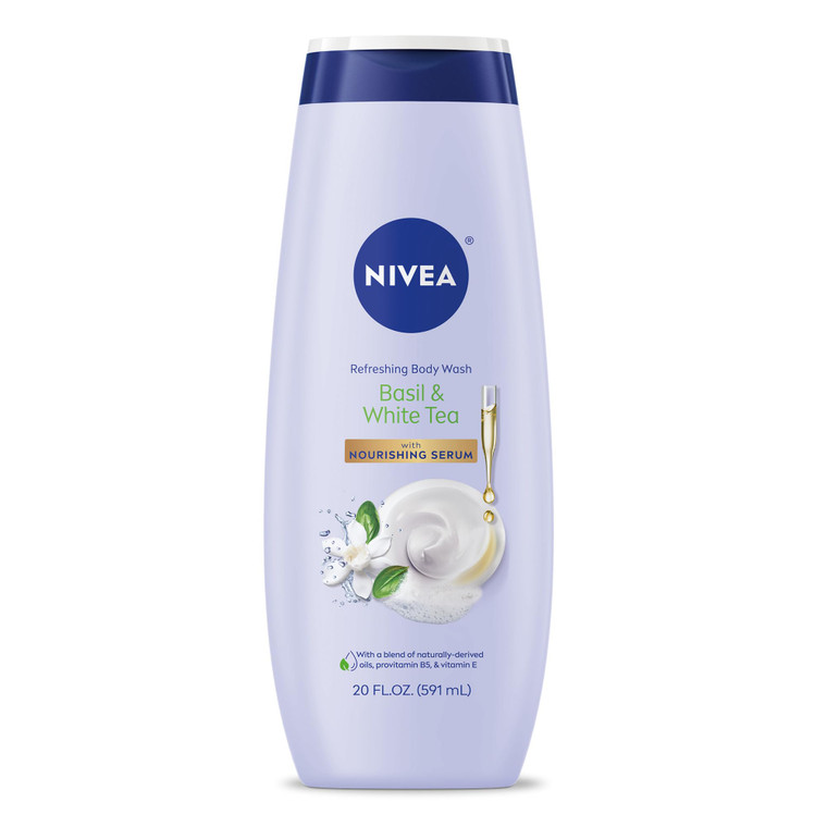 NIVEA Refreshing Basil and White Tea Body Wash with Nourishing Serum, Scented Body Wash for Women, Enriched with Provitamin B5 and Vitamin E, 20 Fl O