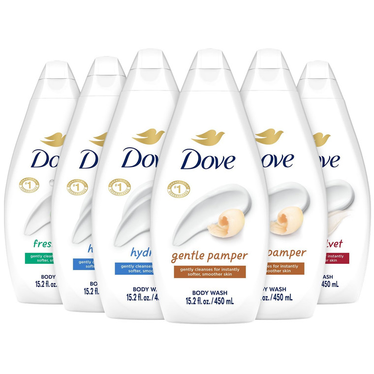 Dove Body Wash Variety 6-Pack  Hydrate, Gentle Pamper, Fresh Care, and Silky Velvet, 15.2 Oz Ea