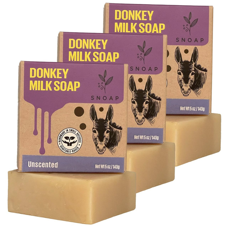 SNOAP Unscented Donkey Milk Soap Bar  Fragrance-Free, Handmade Natural Soap for Sensitive Skin, 5oz (Pack of 3)