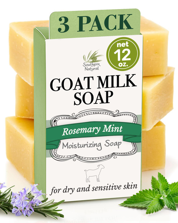 Southern Natural Goat Milk Soap Bar - 3 Pack Rosemary Mint - For Dry Sensitive Skin. Natural, Handmade Soap For Men, Women & Kids. Use On Face & Body