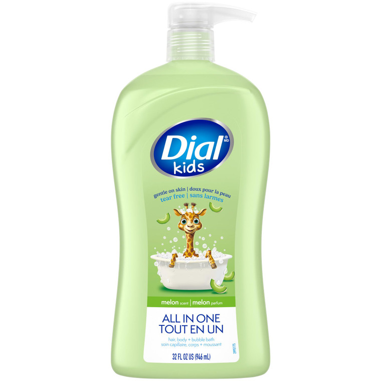 Dial Kids All-in-1 Body Wash + Hair + Bubble Bath, Melon Scent, 32 Fl Oz, Hypoallergenic Body Wash & Shampoo, No Tears Formula for Kids 2+ Years, No