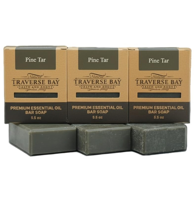 Traverse Bay Bath and Body Pine Tar Soap - Natural Cold Process Handmade Soap with Essential Oils - Pine Tar For Men With Activated Charcoal & Colloi