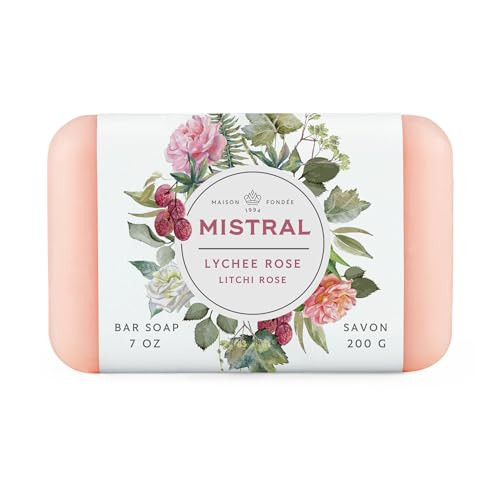 Mistral Classic French Bar Soap, Lychee Rose, 7 oz - Triple-Milled Luxury Natural Soap with Organic Shea Butter & Olive Oil | Long-Lasting Moisturizi