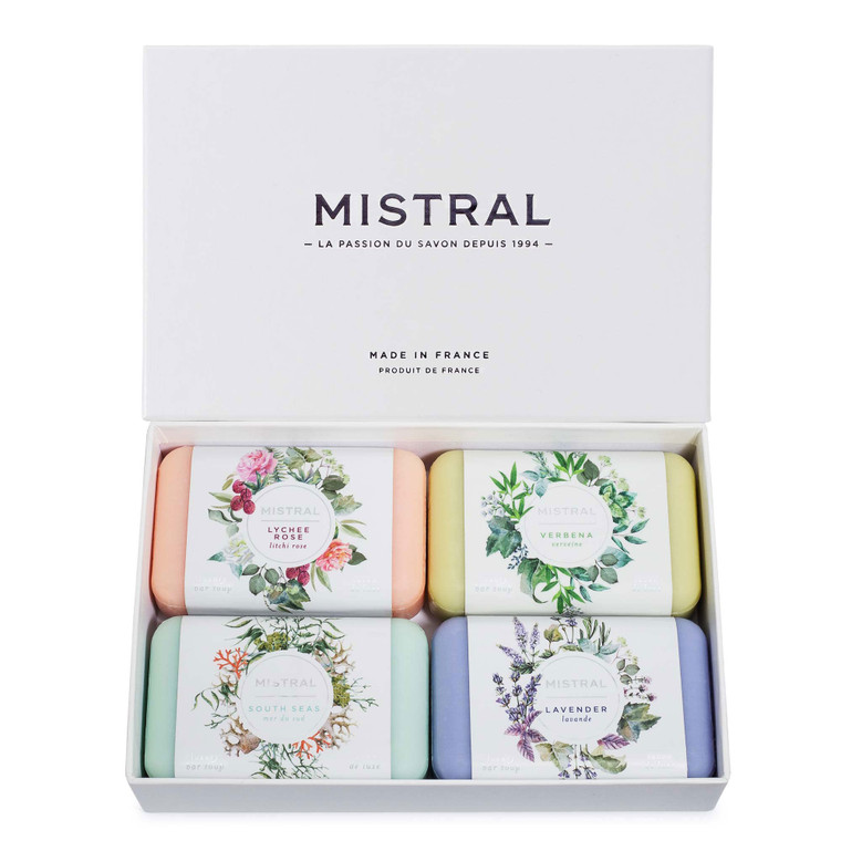 Mistral Classic French Bar Soap Assorted Set, 7 oz x 4 Bars | Triple-Milled Luxury Natural Soap with Organic Shea Butter & Olive Oil | Long-Lasting M
