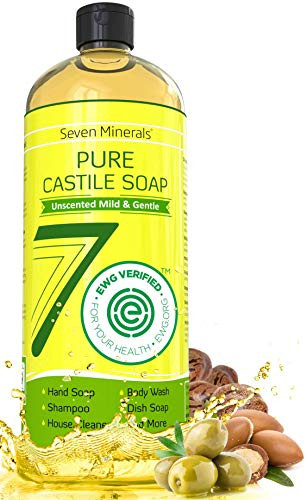 Seven Minerals, EWG Verified Castile Soap 33.8 fl oz - No Palm Oil, GMO-Free - Unscented Mild & Gentle Liquid Soap For Sensitive Skin & Baby Wash - A