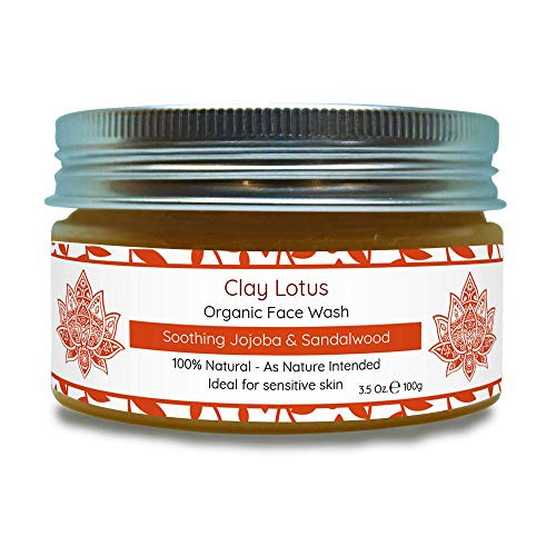 Clay Lotus Organic Face Wash - Gentle Cleanser for Sensitive Skin with Jojoba & Sandalwood. 100% Natural, Soothing, Hydrating, and Brightening. Non-D