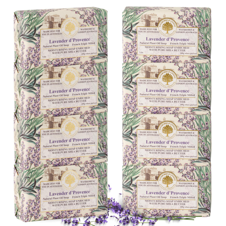 Wavertree & London Lavender D'Provence Scented Natural Soap (8 Bars), 7oz Moisturizing French Triple Milled Soap Bars enriched with shea butter - Pur