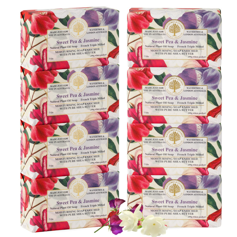Wavertree & London Sweet Pea & Jasmine Scented Natural Soap (8 Bars), 7oz Moisturizing French Triple Milled Soap Bars enriched with shea butter - Pur