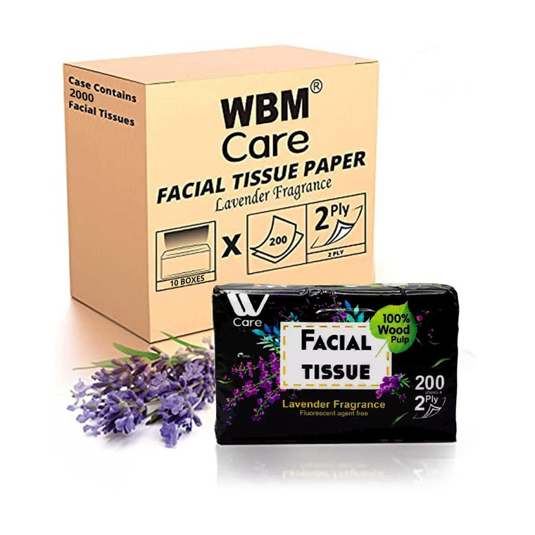 WBM Care Super Soft 2-Ply Facial Tissues with Lavender Fragrance, 2000 Total (Pack of 10) 200 Sheets per Box | 100% Natural Wood Pulp