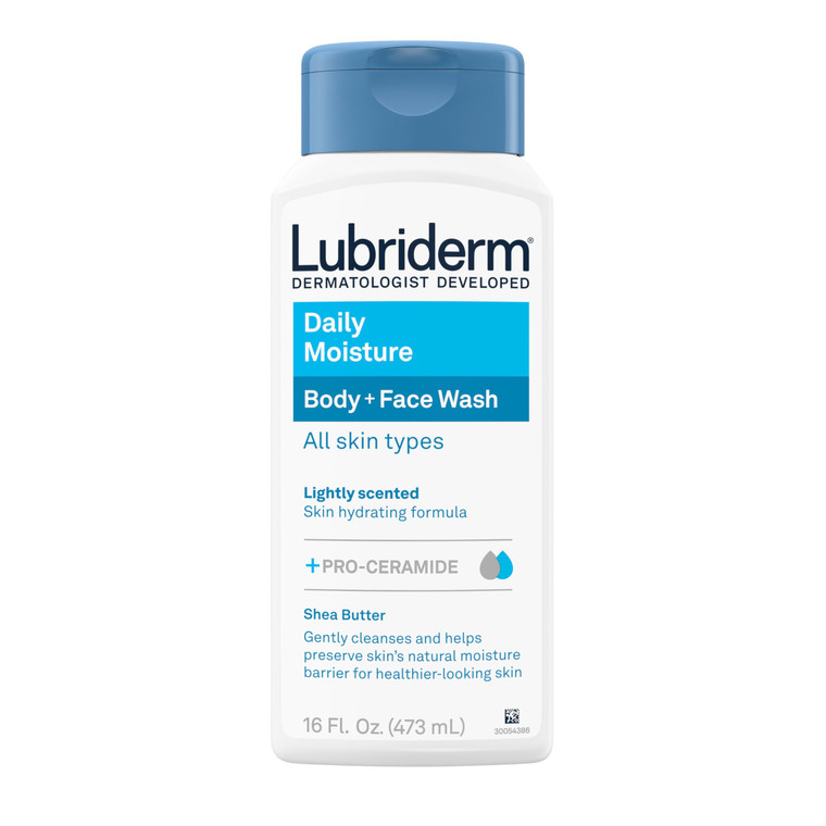 Lubriderm Daily Moisture Body + Face Wash, Hydrating Body Wash + Moisturizing Facial Cleanser with Pro-Ceramide & Shea Butter to Gently Cleanse, Ligh