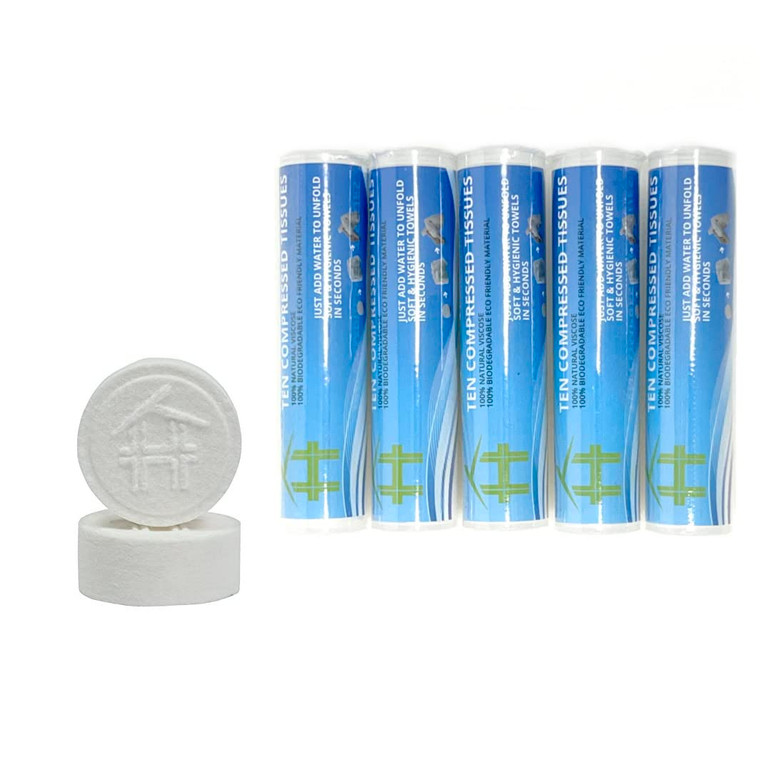 Premium Compressed Tissue Coins in Sealed Cases - 5 Tubes - 50 Portable 100% Natural Organic Hygienic Towel Wipes