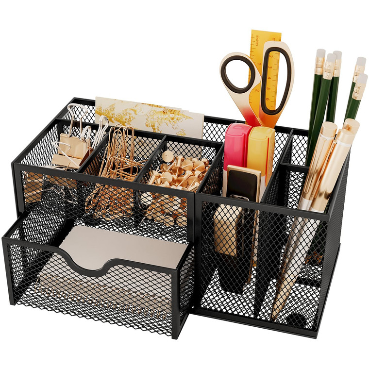 UVGVA Mesh Pen Holder for Desk 7 Compartment Desk Organizer for Pens Pencils Sticky Notes Clips Office Accessories
