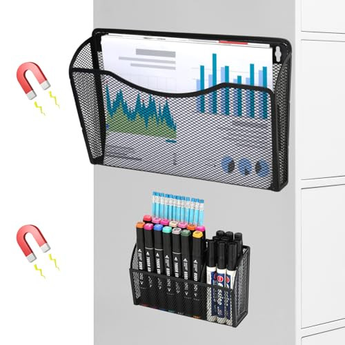 2 Pack Magnetic File Holder, Hanging File Organizer Pencil Holder Magazine Document Paper Holders, Dry Erase Marker Pen Holders, Perfect for Whiteboa