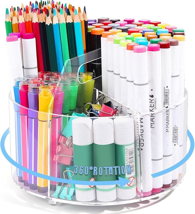 volepet Large Capacity 360° Rotating Marker Organizer with 6 Compartments Acrylic Pen Holders Office Storage Supplies Holds over 600+ Pencils