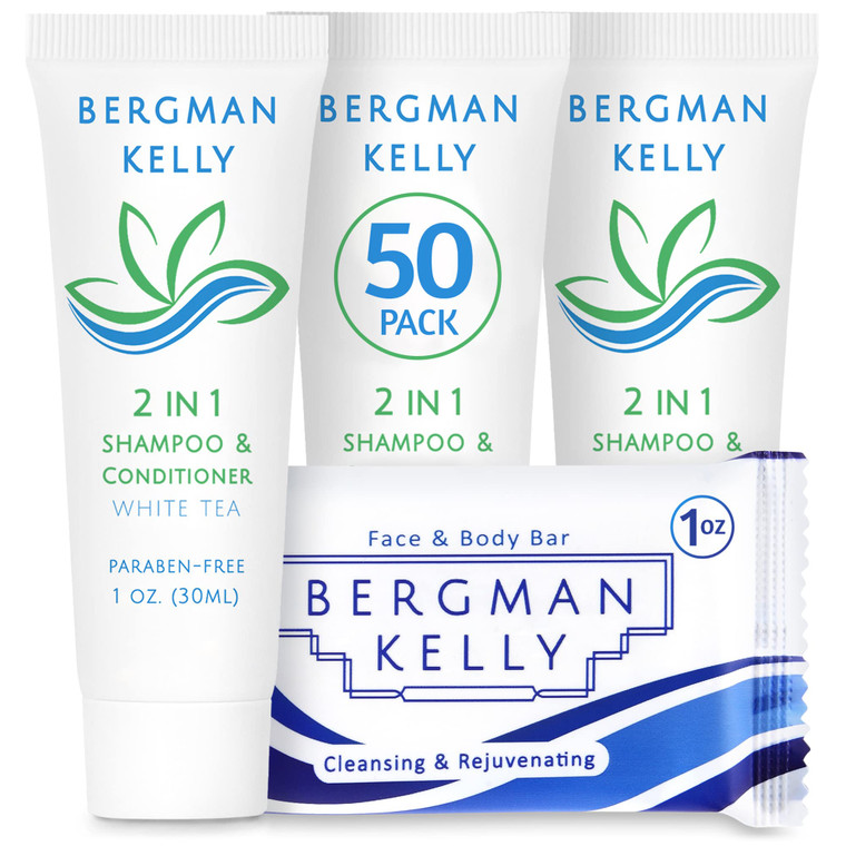 BERGMAN KELLY Rectangle Soap Bars, 2in1 Shampoo & Conditioner 2-Piece Set (White Tea, 1 oz each, 100 pc), Delight Your Guests with Revitalizing & Ref