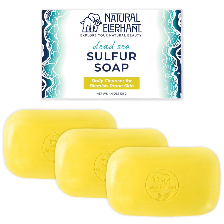 Natural Elephant Dead Sea Sulfur Soap 4.4 oz with Dead Sea Salt, Aloe Vera, Sulphur Face and Body Cleanser Bar for All Skin Types (3 Pack (13.2 oz To