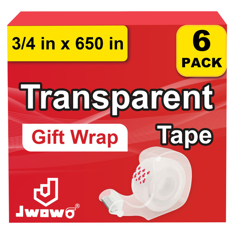 JWOWO Clear Tape 6 Pack with Refillable Tape Dispenser, Holiday Supplies and Gift Wrap Tape, Great for Christmas Crafts, Matte Finish, 3/4 in x 650