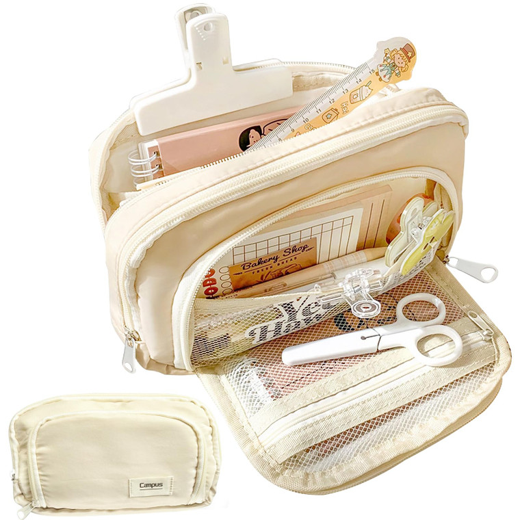 LSLSHY Big Capacity Pencil Case Large Three-ply Zipper Pen Pouch Office School Stationery Supplies for Teen Girls Boys Students (Beige)