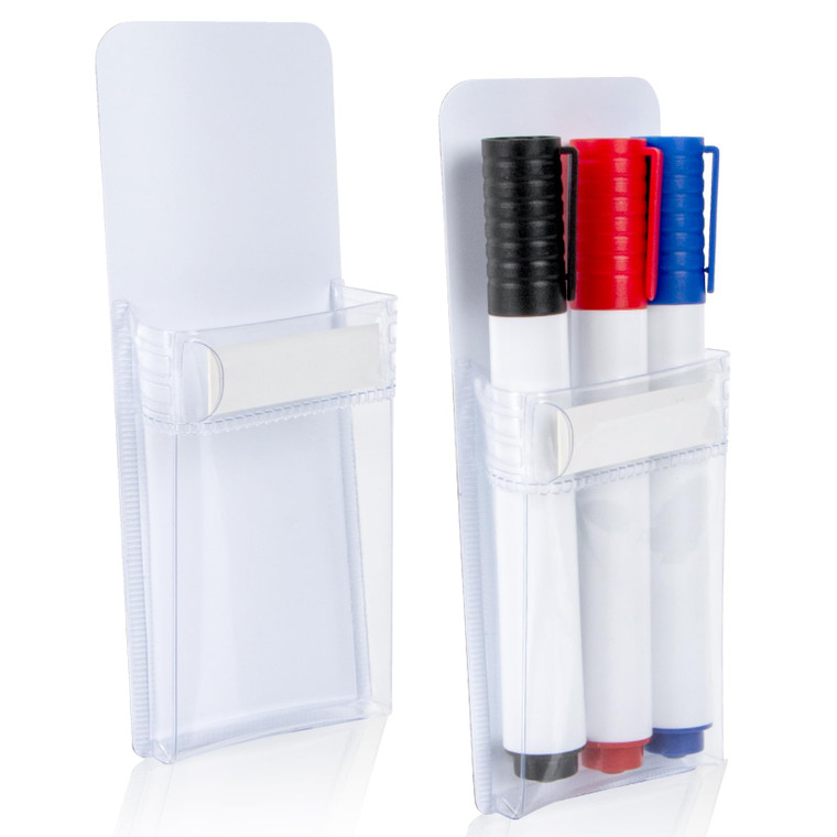 2 PACK Magnetic Pen Holder - Clear Plastic Magnetic Dry Erase Marker Holder for Refrigerator with Label Slot Strong Magnet Suitable for Organizing Of