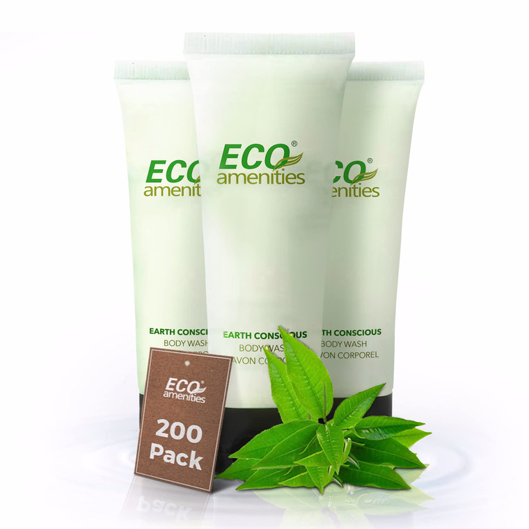 ECO Amenities Travel Size 1oz Body Wash (BULK 200 Pack) - 30ml Bulk Hotel Body Wash Supplies for Guests - Green Tea Scent Eco body wash for woman, Bo