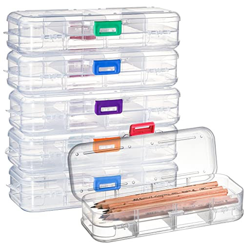SOUJOY 6 Pack Double Deck Pencils Box, Clear Stationery Box with Snap-Tight Lid, Plastic Large Capacity Pen Case Organizer with with 4 Compartment fo