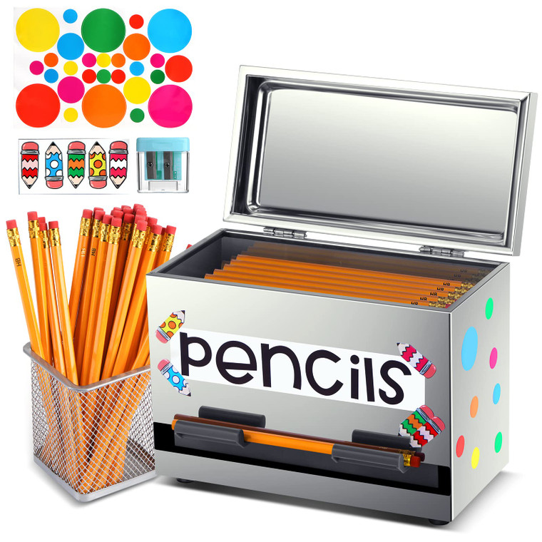 Pencil Dispenser for Classroom Stainless Steel Pencil Dispenser Metal Straw Dispenser with 50 Pencils 3 Stickers 1 Metal Pen Holder 1 for Bulk Pen St