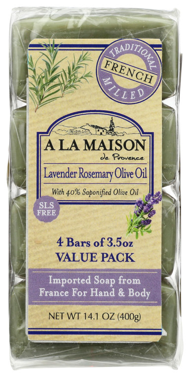 A LA MAISON Lavender Rosemary Olive Oil Bar Soap - Triple French Milled Natural Moisturizing Hand Soap Bar (4 Bars of Soap, 3.5 oz)