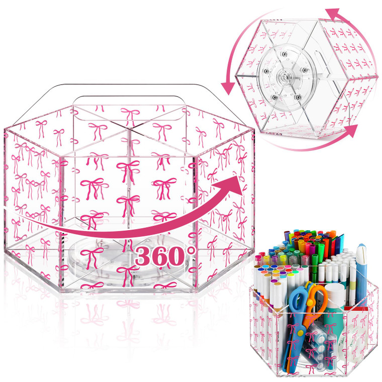 Pink Bow Pen Holder for Desk 360 Degree Rotating Clear Marker Holder for Girls Preppy Bow School Supplies Cute Coquette Pencil Organizer 6 Compartmen
