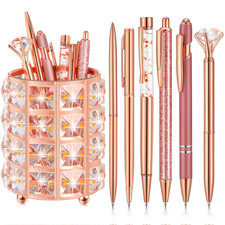 Sabary Rose Gold Ballpoint Pen Holder with 6 Glitter Bling Pen Rose Gold Diamond Pencil Holder Jeweled Gold Makeup Brush Holder Organizer for Women G