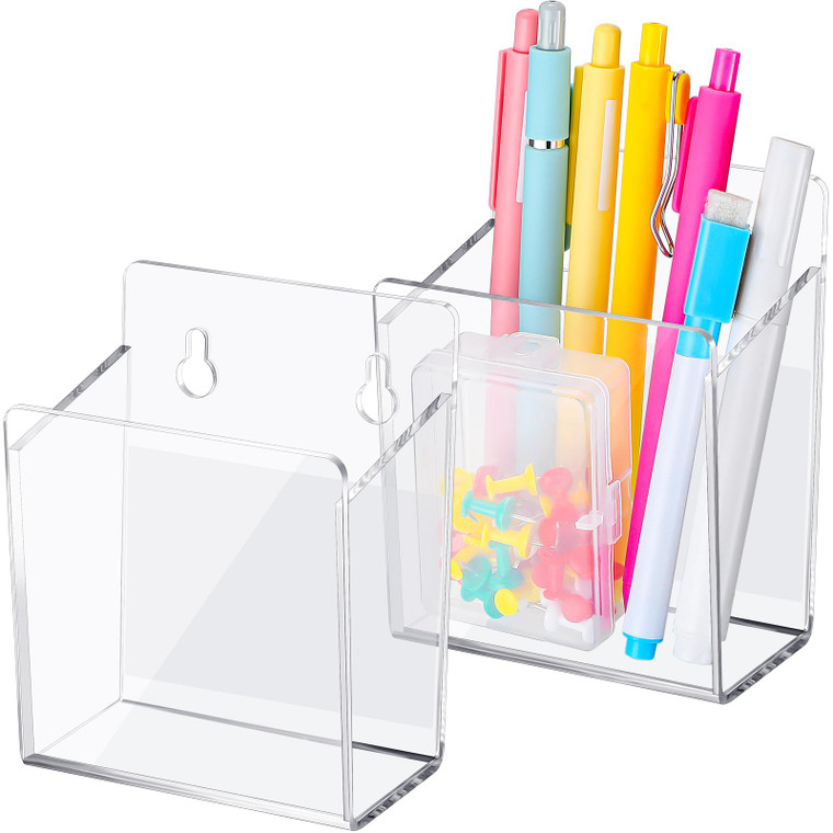 Chivertion Acrylic Wall Mounted Marker Holder Acrylic Pen Holder Adhesive Glass Whiteboard Dry Erase Marker Organizer with Tapes Hanging Holes for Wh