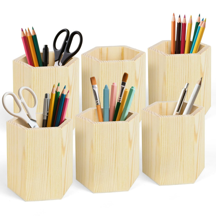 Kuabiz 6 Pack Wood Pen Holder Unfinished Wooden Pencil Holder Pine Wood Pen Holder Stand for Desk Office Supplies Makeup Brushes Organizer (Square)