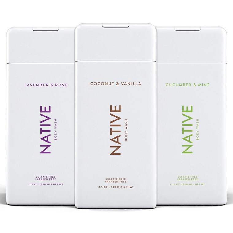 Native Body Wash 3 Pack - Natural Body Wash Women & Men - SLS & Paraben Free - Cucumber & Mint, Coconut & Vanilla, Lavender & Rose