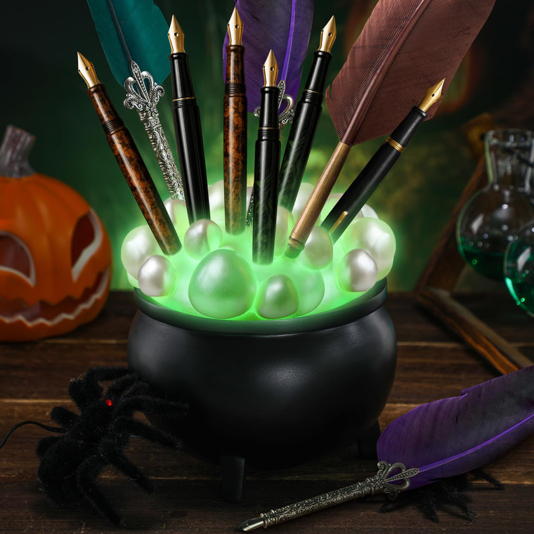 AmazingSpark Halloween Witches Cauldron Pen Holder Glow in The Dark Bubbling Witches Cauldron Pot Makeup Brush Pencil Holder for Gothic Desk Decor Ha
