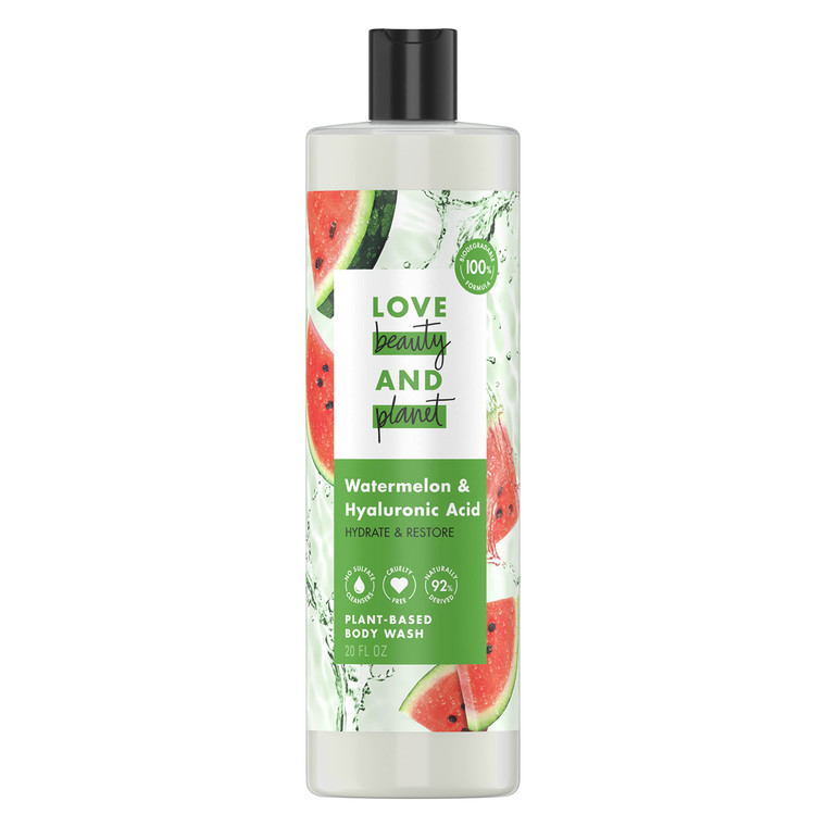 Love Beauty and Planet Plant-Based Body Wash Hydrate and Restore Skin Watermelon and Hyaluronic Acid Made with Plant-Based Cleansers and Skin Care In