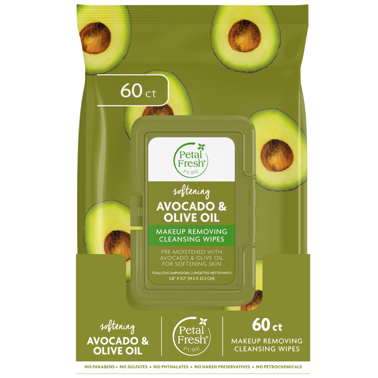 Petal Fresh Softening & Protecting Avocado & Olive Oil Makeup Removing, Cleansing Towelettes, Gentle Face Wipes, Daily Cleansing, Vegan and Cruelty F