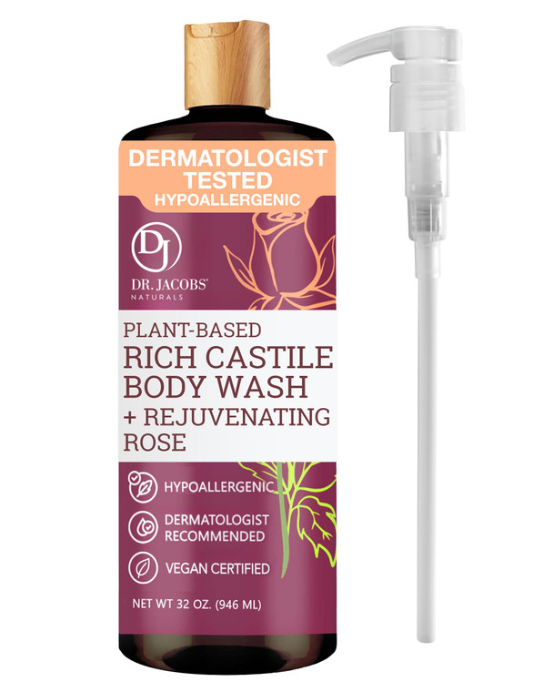 Dr. Jacobs Naturals Castile Rose All-Natural Body Wash for Moisturizing Dry and Sensitive Skin Shampoo with Plant-Based Ingredients Gluten, Preservat