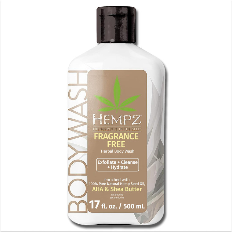 Hempz Body Wash - Fragrance Free - Hydrating for Sensitive Skin, Scented, Exfoliating with Shea Butter, Pure Hemp Seed Oil, and Algae for Sensitive S