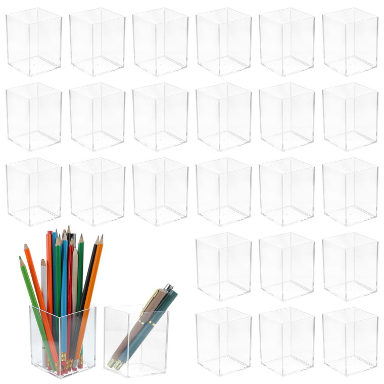 24 Pack Clear Acrylic Pen Holders  Multipurpose Desktop Organizer for Pencils, Makeup Brushes, Stationery & Office Supplies (2.6 x 2.6 x 3.6)