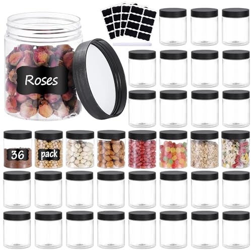 36PCS 8OZ Plastic Jars with Screw On Lids,Labels Refillable Empty Round Slime Containers for Storing Dry Food, Honey Jam, Cream, Butter, Lotion (Blac