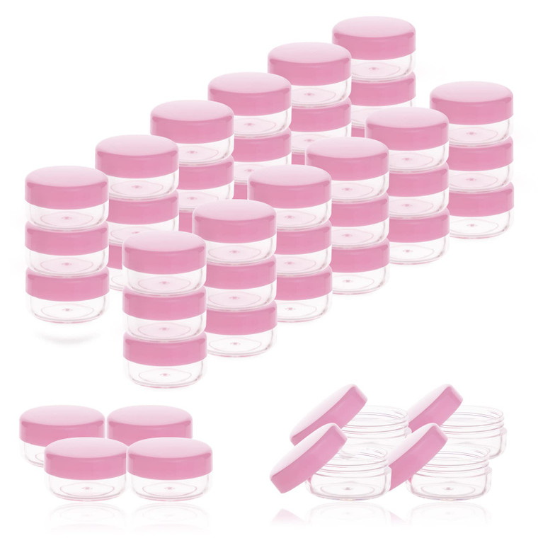 ZEJIA 5 Gram Sample Containers with Lids, Mini Makeup Containers, Empty Plastic Travel Cosmetic Containers with Labels(50 Count, Pink Lid)