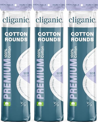 Cliganic Premium Cotton Rounds for Face (300 Count) - Makeup Remover Pads, Hypoallergenic, Lint-Free | 100% Pure Cotton