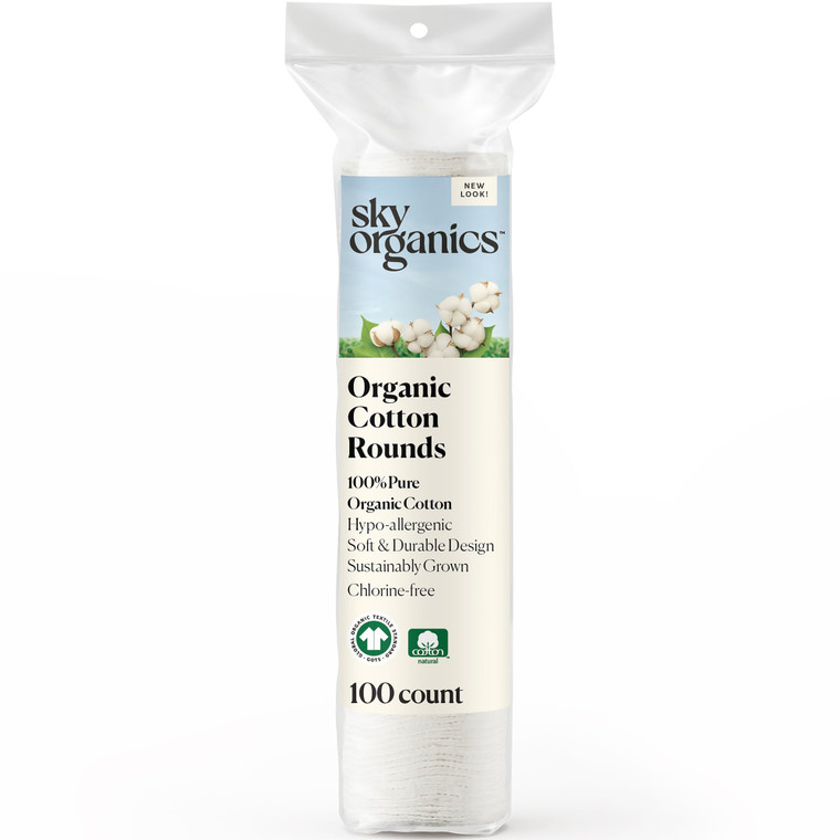 Sky Organics Organic Cotton Rounds for Sensitive Skin, 100% Pure GOTS Certified Organic for Beauty & Personal Care, 100 ct.