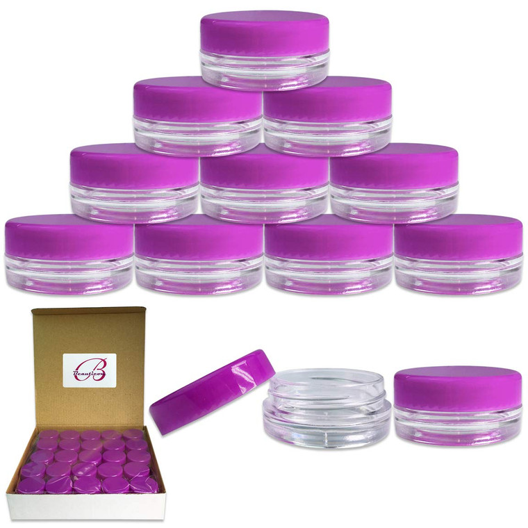 Beauticom 3g/3ml (0.1 Fl Oz) Round Clear Plastic Jars with Round Top Lids for Creams, Lotions, Make Up, Powders, Glitters, and more... (Color: Purple