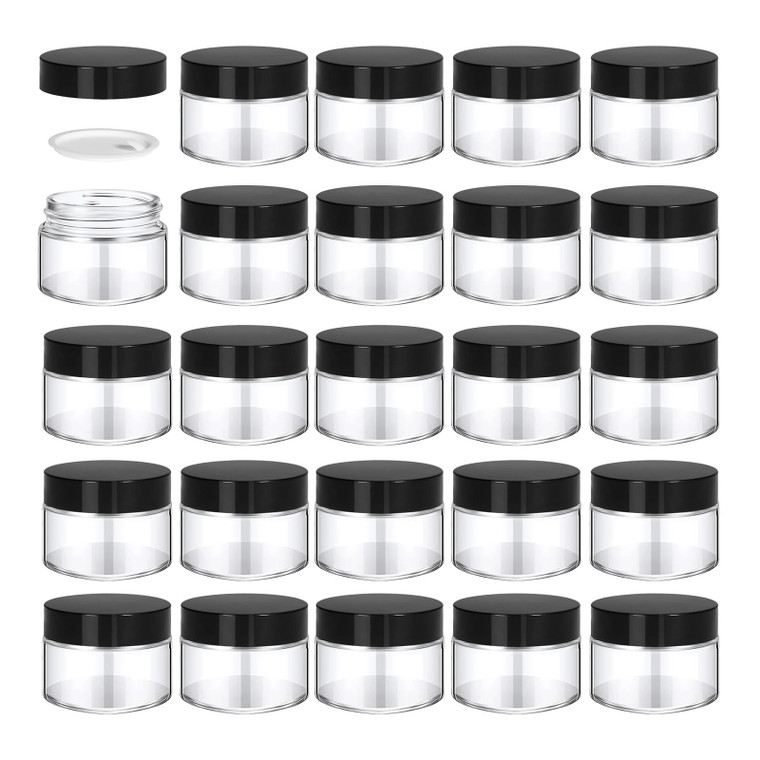 BPFY 24 Pack 1 oz Round Clear Glass Cosmetic Jars with Inner Liners and Black Lids, Travel Glass Jars, Cosmetic Containers for Lip Balms, Powders, Ma