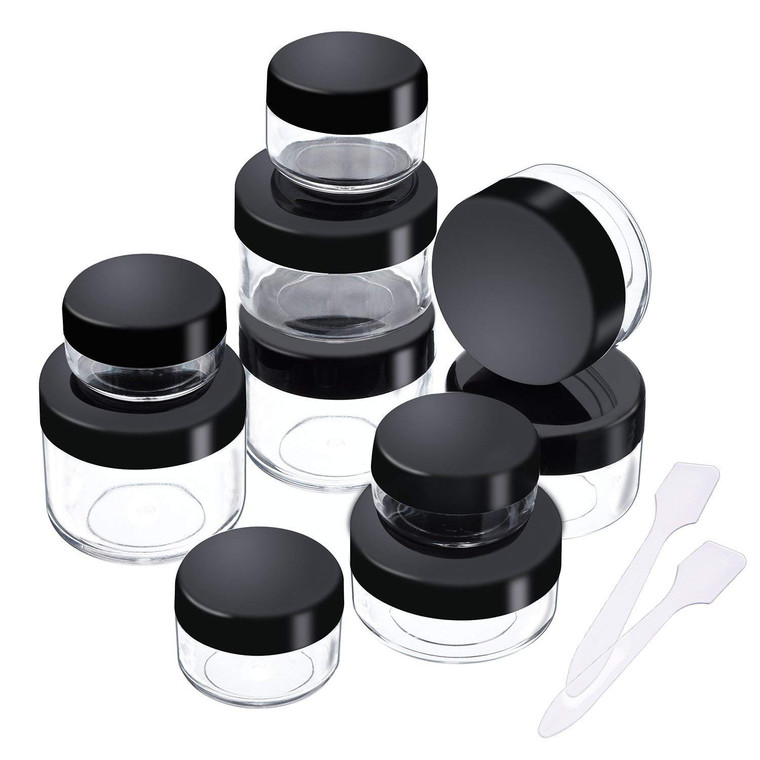 Onwon 10 Pieces Empty Clear Plastic Makeup Sample Containers with 2 Pieces Mini Spatula 3/5 / 10/15 / 20 Gram Size Cosmetic Pot Jars with Screw Cap L