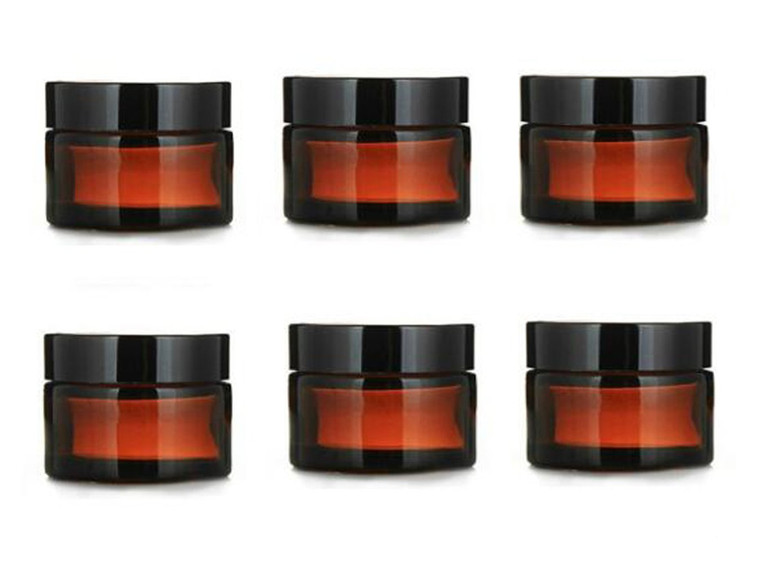 6PCS 10ml Amber Glass Jar Empty Refillable Cosmetic Face Cream Lip Balm Storage Jars Bottle Container Pot with Liners and Screw Black Lid for Make up