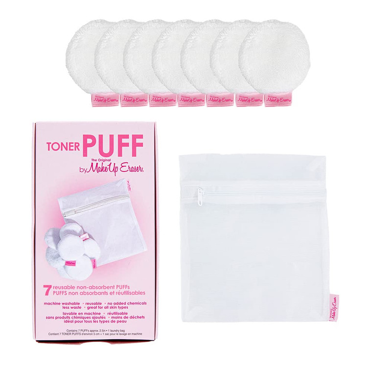 MakeUp Eraser Toner Puff 7pc Set, Reusable and Machine Washable Rounds, Laundry Bag Included