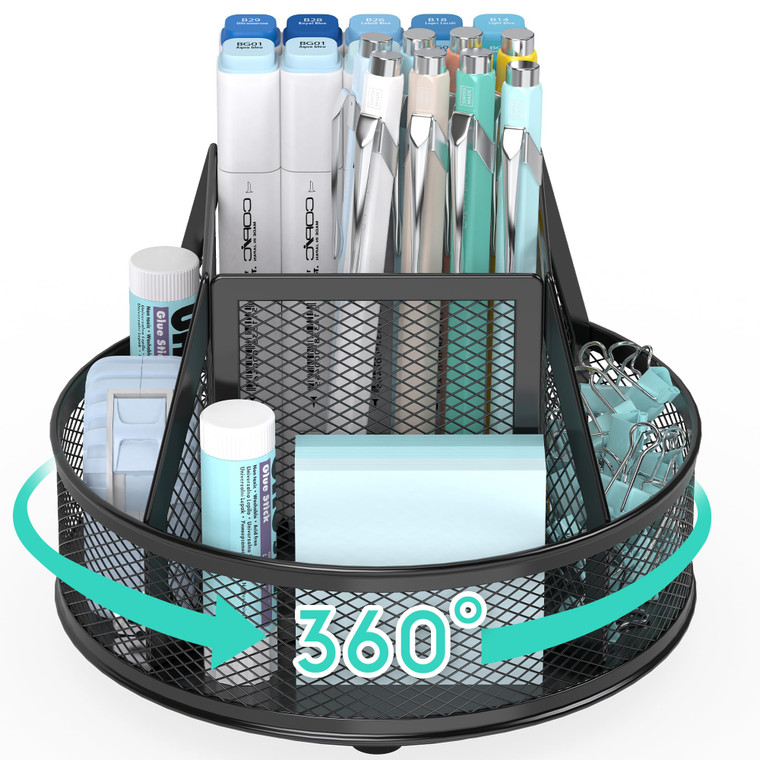 YINGHUA Metal Mesh Desk Organizer with 5 Compartments and Rotating Pencil Holder Pen and Stationery Organizer for Office Home School Anti Slip Base B