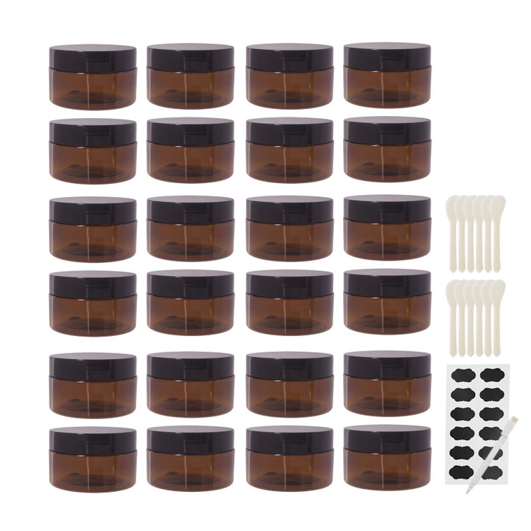 zmybcpack 24 Pack 3.3 OZ(100ml) Amber Plastic Jars With Black Lids, 12 Spatula, A Pen, Labels - PET Storage Container for Cosmetic, Cream, Gel, Lotio