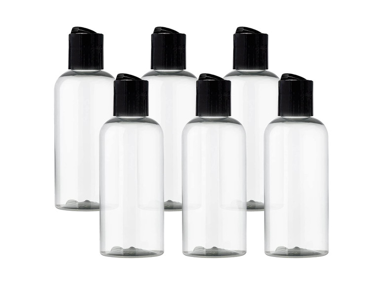 ljdeals 4 oz Clear Plastic Empty Bottles with Black Disc Top Caps, Refillable Cosmetic Containers for Shampoo, Lotions, Cream and more Pack of 6, BPA